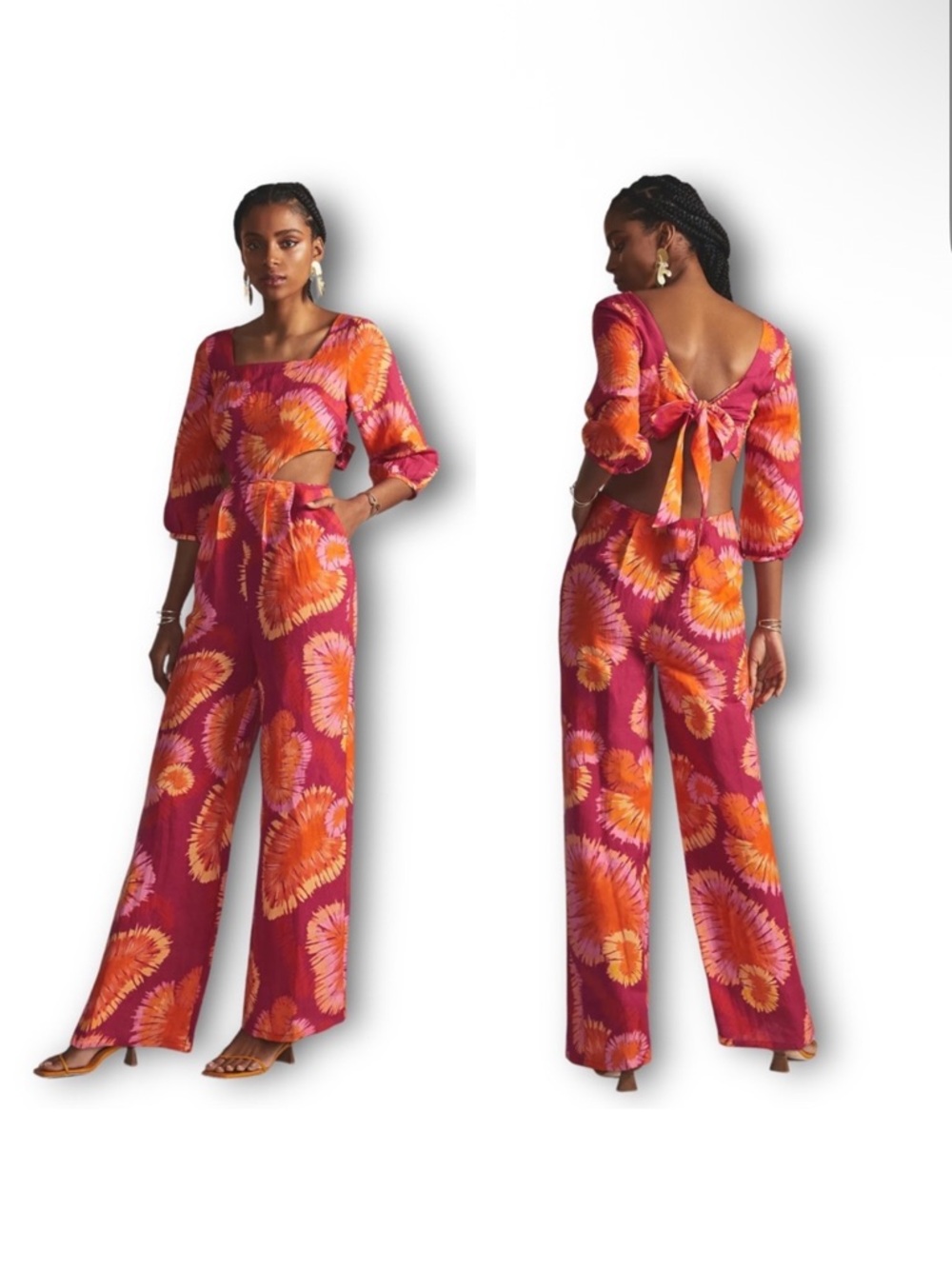 Farm Rio by Anthropologie Vibrant Pink & Orange Floral Wide-Leg Jumpsuit